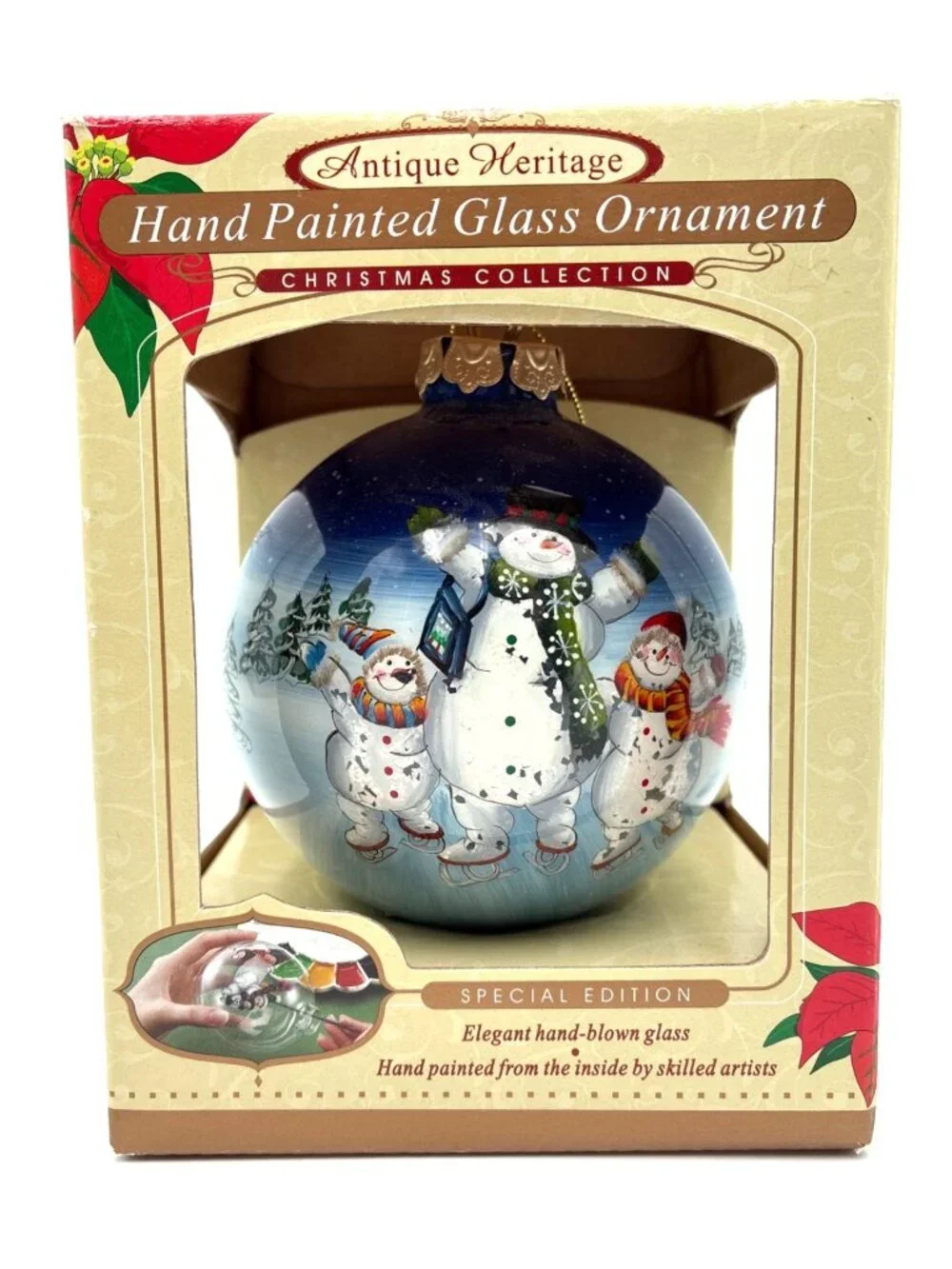 NIB Antique Heritage Hand-Painted Glass Ornament Christmas Snowman Skating 4